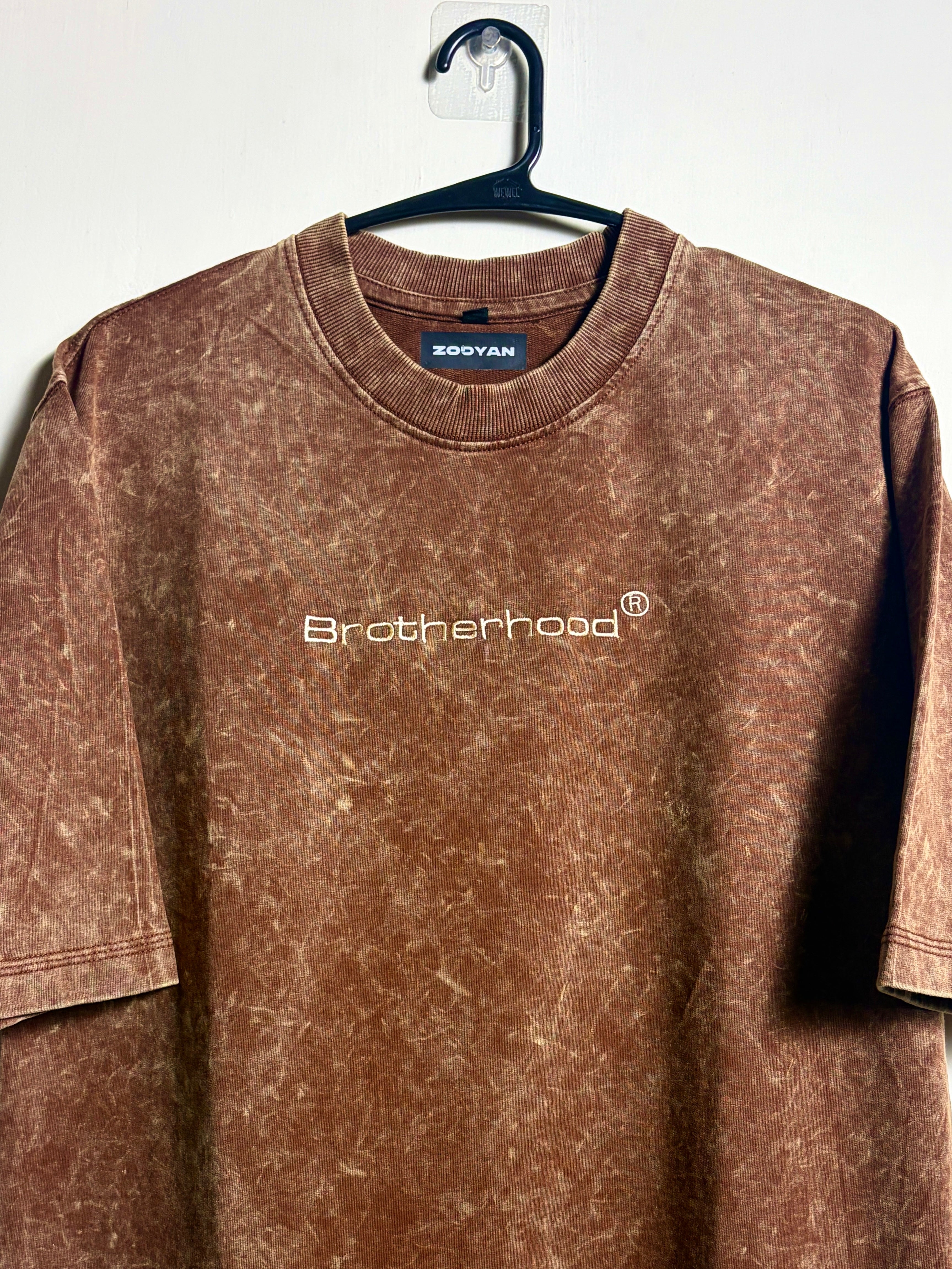 BROTHERHOOD EMBROIDERED BROWN COSMIC WASH TSHIRT